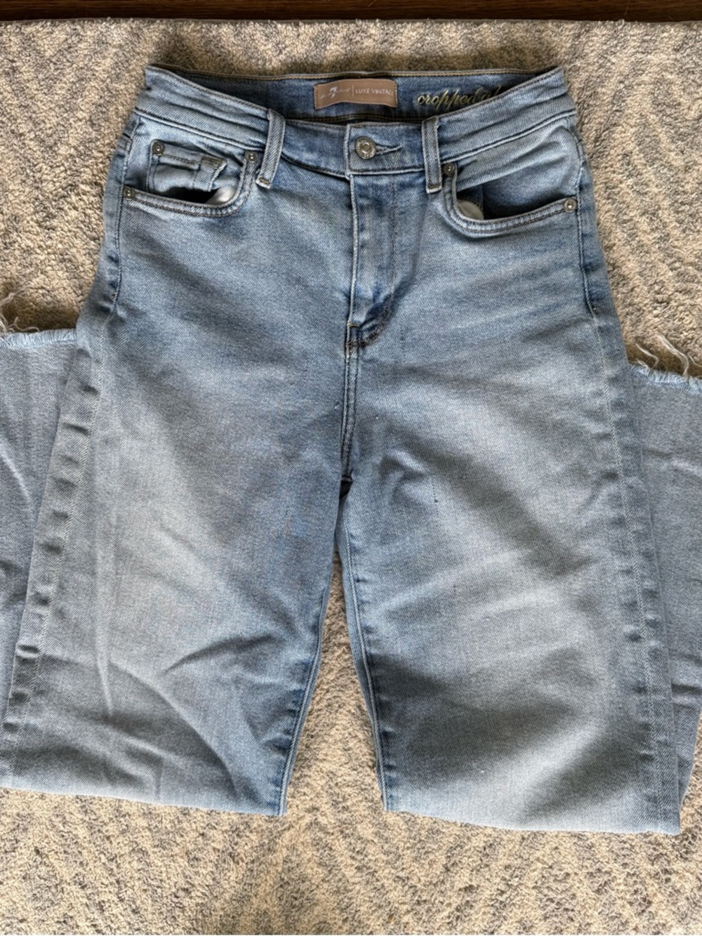 Vintage 7 For All Mankind Light Blue Denim Jeans with Tan Leather Patch